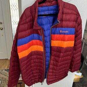 Cotopaxi Mens Fuego Down Jacket XXL burgundy blue orange puffer brand new